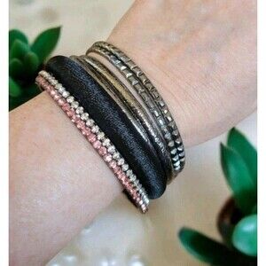 TORRID Plus Sz Black Pink Gun Metal Rhinestone Bangle Bracelet Set New Bracelets